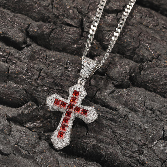 Ice Stone CZ Blue Red Gold Iced Out Cross Pendant Necklace