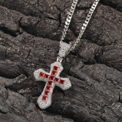 Ice Stone CZ Blue Red Gold Iced Out Cross Pendant Necklace