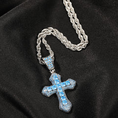 Ice Stone CZ Blue Red Gold Iced Out Cross Pendant Necklace