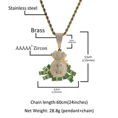 Ice Stone Hip Hop Dollar Money Bag Pendant Necklace