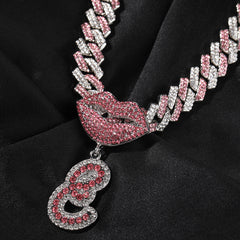 Ice Stone Sexy Lips Red Stones Initial Pendant Necklace