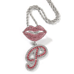 Ice Stone Sexy Lips Red Stones Initial Pendant Necklace