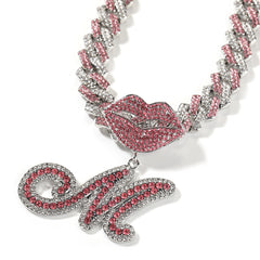 Ice Stone Sexy Lips Red Stones Initial Pendant Necklace