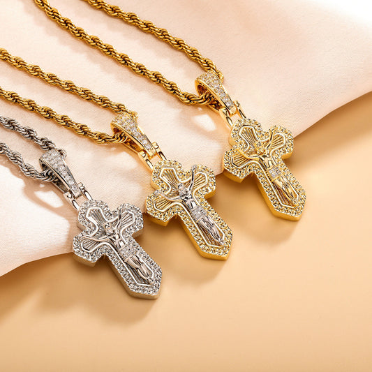 Ice Stone Fashion Cross Jesus Iced Out Pendant Necklace