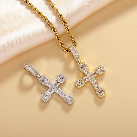 Ice Stone 5A CZ Baguette Diamond Cross Necklace