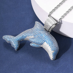Ice Stone Blue Diamond Large Dolphin Pendant Necklace