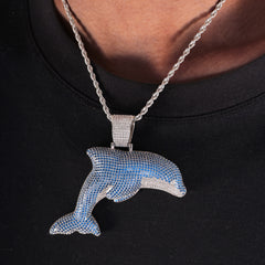 Ice Stone Blue Diamond Large Dolphin Pendant Necklace