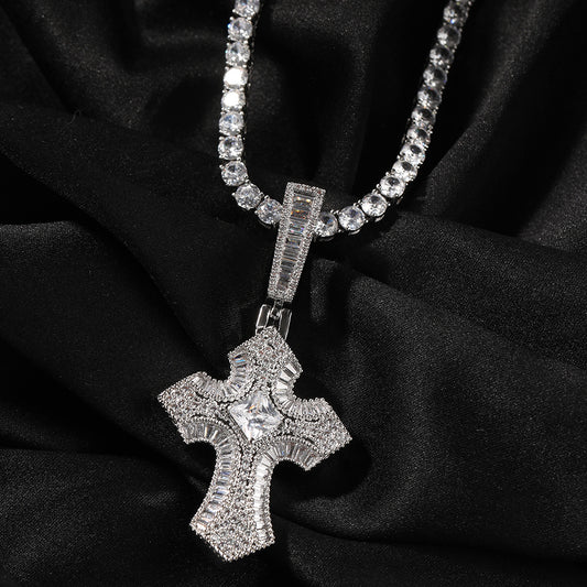 Ice Stone Baguette Black Diamond Cross Pendant Necklace
