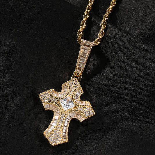 Ice Stone Baguette Black Diamond Cross Pendant Necklace