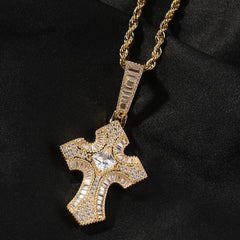 Ice Stone Baguette Black Diamond Cross Pendant Necklace