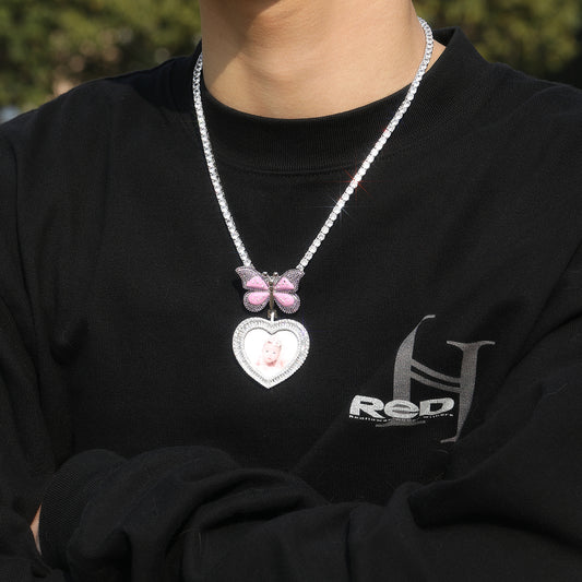 Ice Stone Heart Butterfly Photo Pendant Necklace