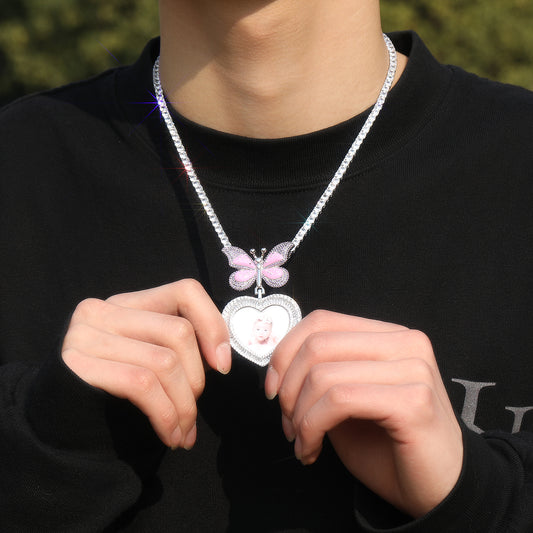 Ice Stone Heart Butterfly Photo Pendant Necklace