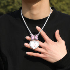 Ice Stone Heart Butterfly Photo Pendant Necklace