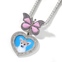 Ice Stone Heart Butterfly Photo Pendant Necklace