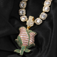 Ice Stone Iced Out Rose Flower Necklace