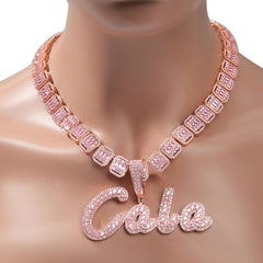 Ice Stone Two-Tone Brush Cursive Name Necklace