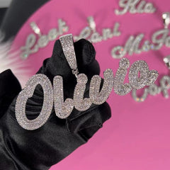 Ice Stone Two-Tone Brush Cursive Name Necklace