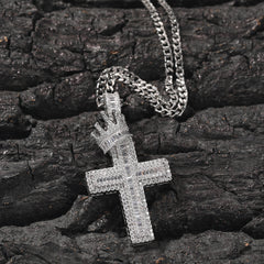 Ice Stone Hip Hop Silver Gold Crown Cross Pendant Necklace
