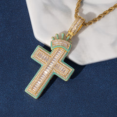 Ice Stone Baguette Crown Cross Pendant Necklace