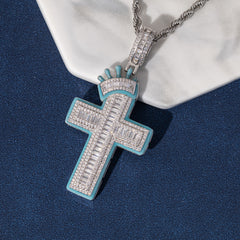 Ice Stone Baguette Crown Cross Pendant Necklace