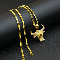 Ice Stone Punk Men Taurus Bull Head Pendant Necklace
