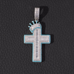 Ice Stone Baguette Crown Cross Pendant Necklace