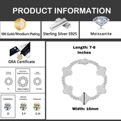 Ice Stone 16mm Clover VVS Moissanite Silver Bangle