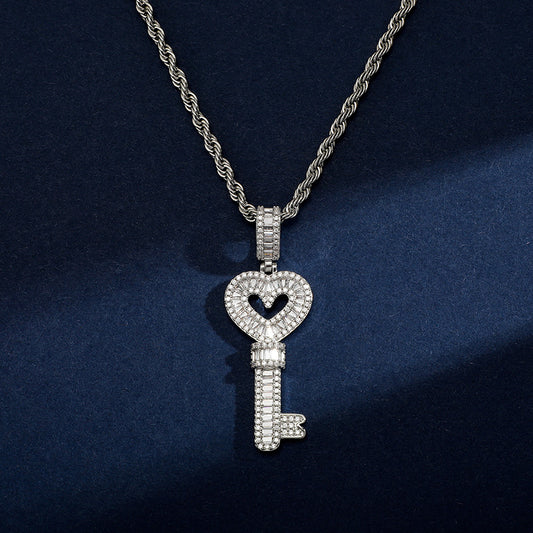 Ice Stone Hip Hop AAA CZ Gold Key Pendant Necklace