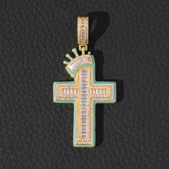 Ice Stone Baguette Crown Cross Pendant Necklace