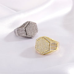 Ice Stone Hexagon Adjustable Brass Gold Men’s Ring