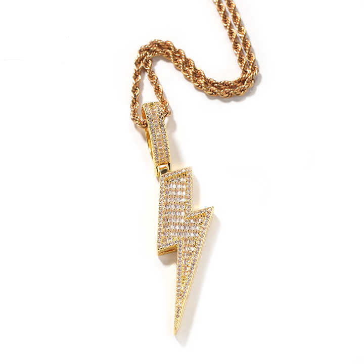 Ice Stone Baguette Lightning Pendant Necklace Men