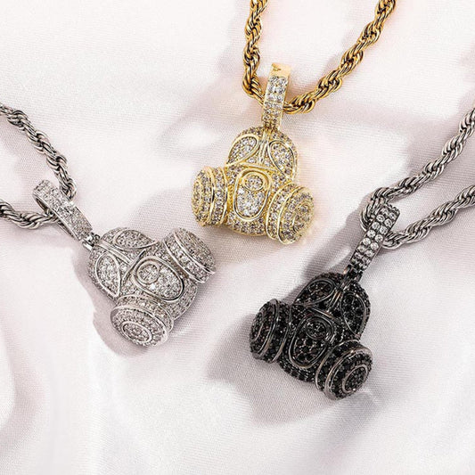 Ice Stone Gas Mask Black Gold CZ Pendant Necklace