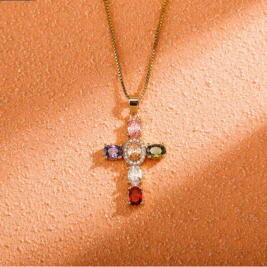 Ice Stone Luxury 6-Color Oval Zircon Cross Necklace