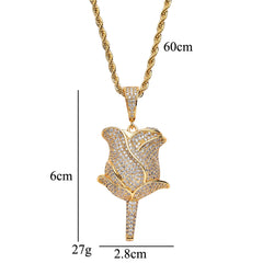 Ice Stone Gold Pink Rose Flower Pendant Necklace