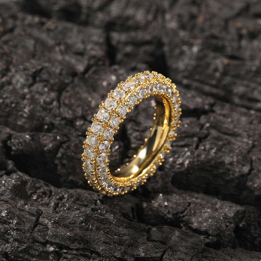 Ice Stone 3-Row AAA Zircon Gold Hip Hop Ring