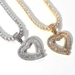 Ice Stone Hip Hop Baguette Heart Pendant Necklace