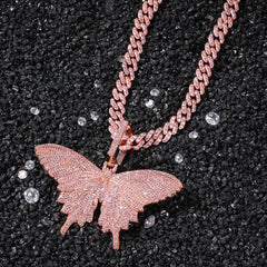 Ice Stone Pink Butterfly Iced Out Necklace