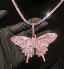 Ice Stone Pink Butterfly Iced Out Necklace