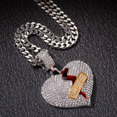 Ice Stone Broken Heart Band Aid Iced Necklace Pendant