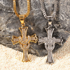 Ice Stone Gold Silver Rhinestone Cross Pendant Necklace