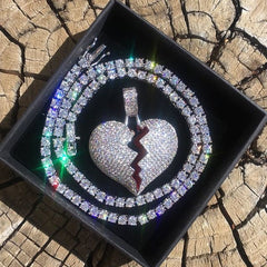 Ice Stone Broken Heart Iced Out Zirconia Pendant Necklace