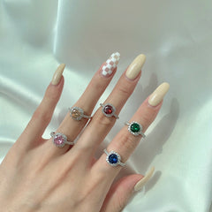 Ice Stone Round Pink CZ 925 Silver Ring