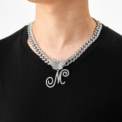 Ice Stone Cursive Initial Butterfly Pendant Necklace