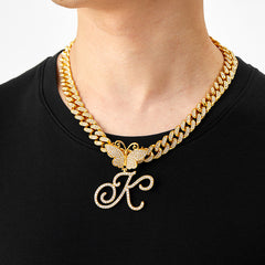 Ice Stone Cursive Initial Butterfly Pendant Necklace