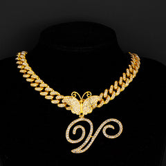Ice Stone Cursive Initial Butterfly Pendant Necklace