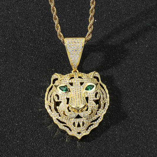 Ice Stone Gold Silver Rose Gold Tiger Pendant Necklace