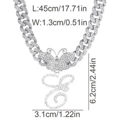 Ice Stone Cursive Initial Butterfly Pendant Necklace